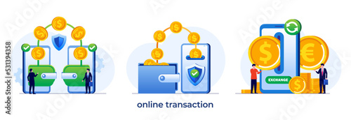 Online transaction illustration, online payment, banking, wallet, technology website illustration flat vector template