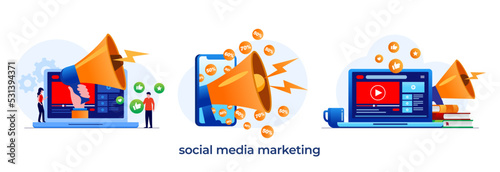 Social media marketing, startup, business, entrepreneur, marketing strategy, flat vector illustration template