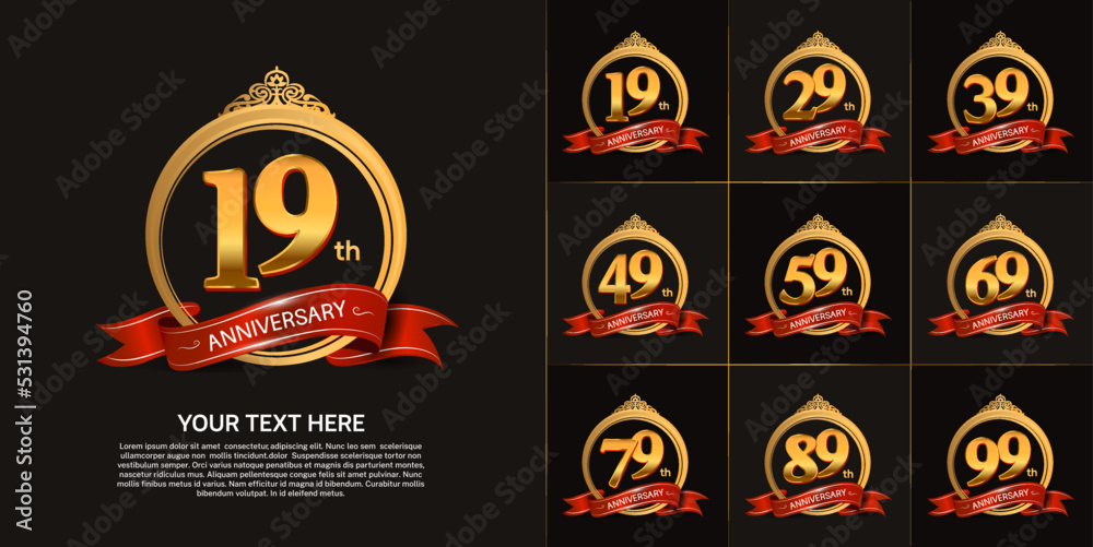 set of anniversary with gold color and red ribbon can be use for celebration moment