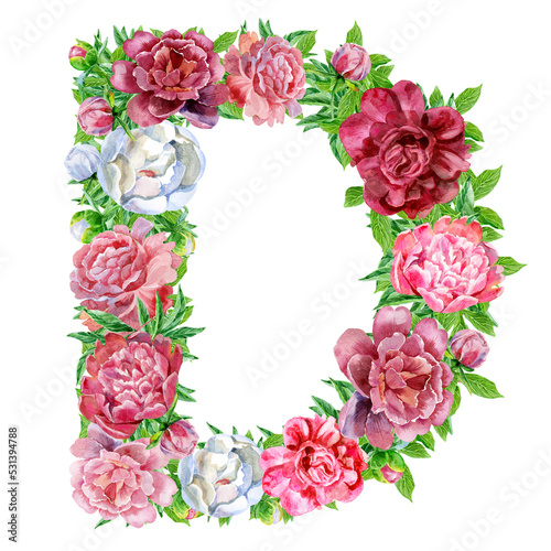 Letter D of watercolor flowers