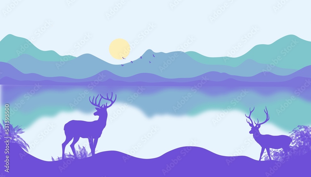 A beautiful landscape with reindeer. Landscape with a journey in the mountains. Beautiful view with mountains and deer.Stylish background,wallpaper,template with mountains and deer. A beautiful landscape with reindeer. Landscape with a journey in the mountains. Beautiful view with mountains and deer.Stylish background,wallpaper,template with mountains and deer.