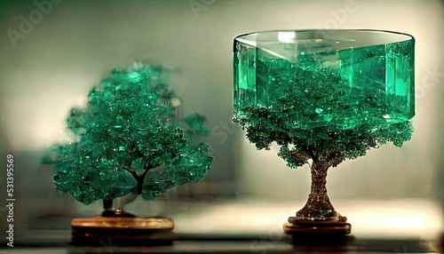 Abstract concept art mixing emerald gemstones and bonsai. It is placed on a table with glowing reflections.3d rendering image.