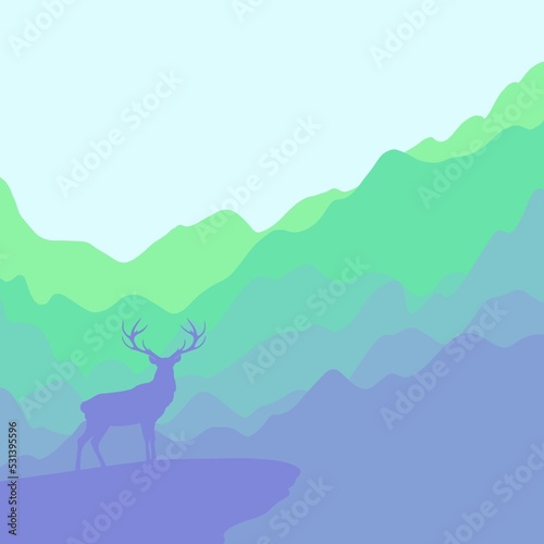 A beautiful landscape with reindeer. Landscape with a journey in the mountains. Beautiful view with mountains and deer.Stylish background,wallpaper,template with mountains and deer. © Elizaveta