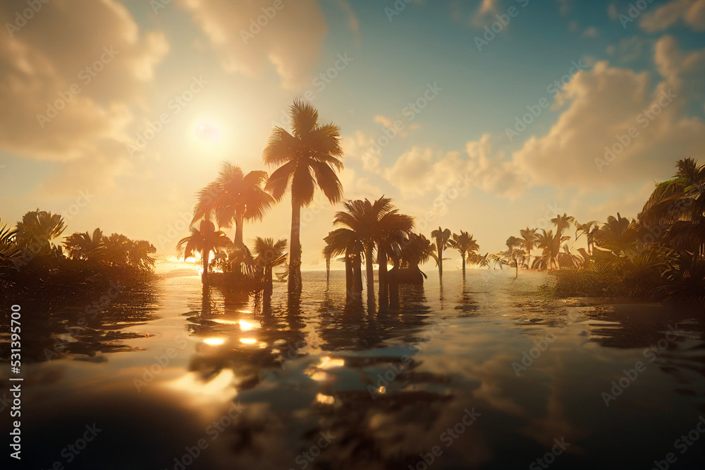Palm trees during a flood on a small island due to global warming