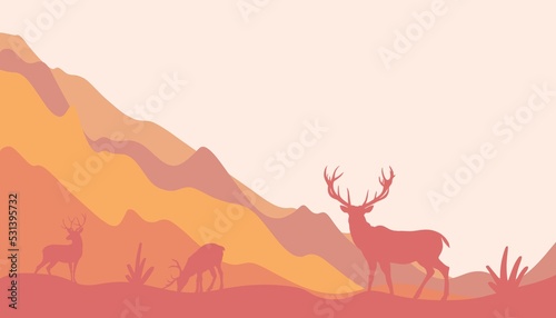 A beautiful landscape with reindeer. Landscape with a journey in the mountains. Beautiful view with mountains and deer.Stylish background wallpaper template with mountains and deer.