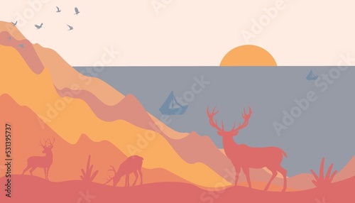 A beautiful landscape with reindeer. Landscape with a journey in the mountains. Beautiful view with mountains and deer.Stylish background wallpaper template with mountains and deer.