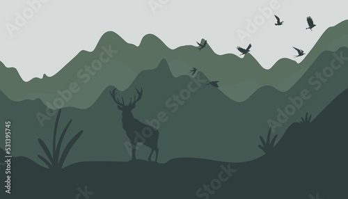 A beautiful landscape with reindeer. Landscape with a journey in the mountains. Beautiful view with mountains and deer.Stylish background wallpaper template with mountains and deer.