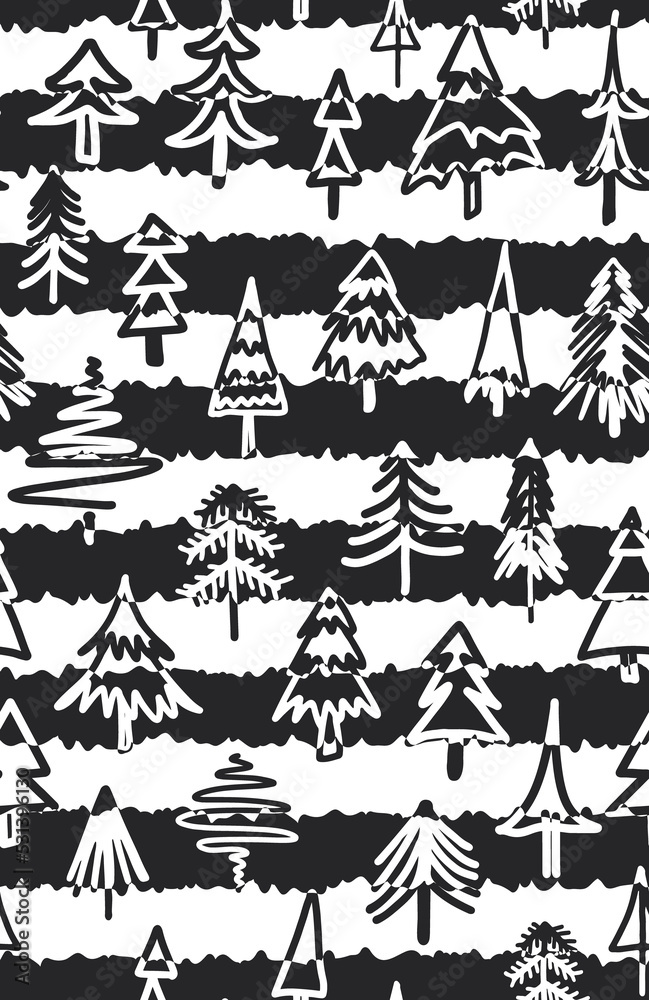 Fototapeta premium Abstract, hand drawn christmas trees with stripes seamless repeat pattern. Monochrome, positive negative fir tree all over surface print.