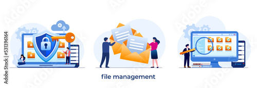 file management concept, storage, cloud system, memory, internet, file, technology, database, security, document, flat illustration vector