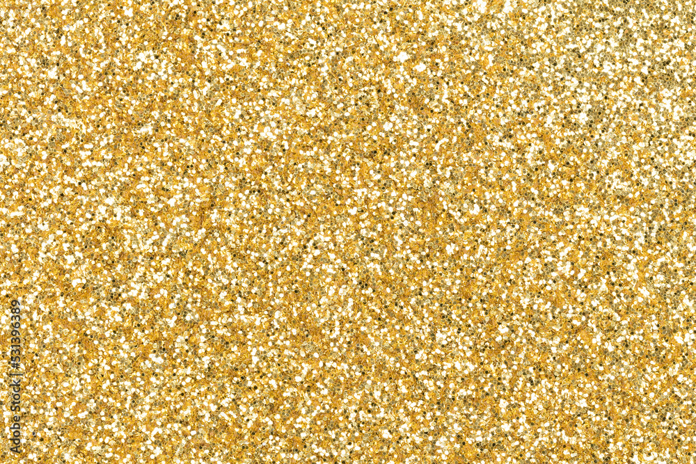 Luxury glitter in contrast gold color as part of your expensive design. Holiday abstract glitter background, pattern with blinking lights. Fabric sequins in bright colors. Fashion glitter, sequins.