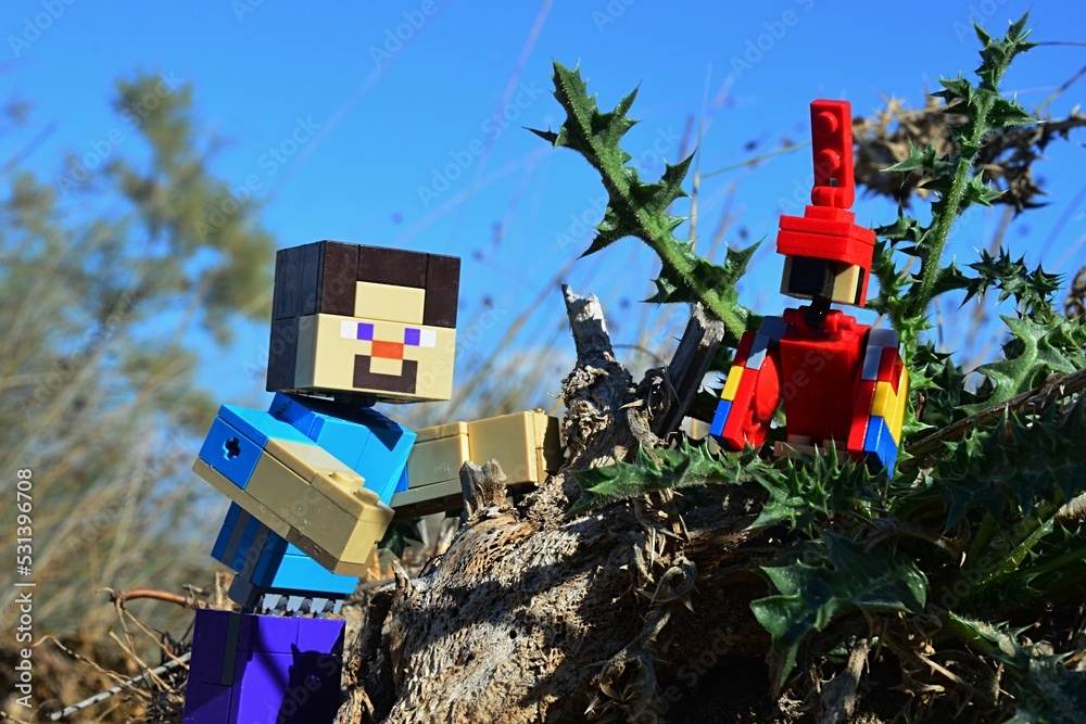 Fototapeta premium LEGO Minecraft large figure of Steve reaching his red Minecraft parrot siting on spiky thistle plant. Summer daylight sunshine, blue skies in background.