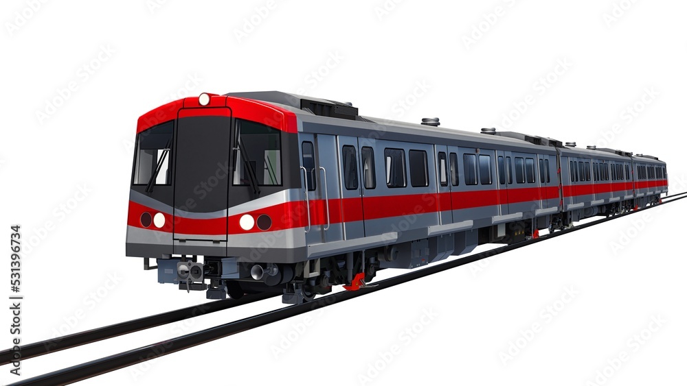 Naklejka premium 3d model of a subway train on a white isolated background. 3d rendering.