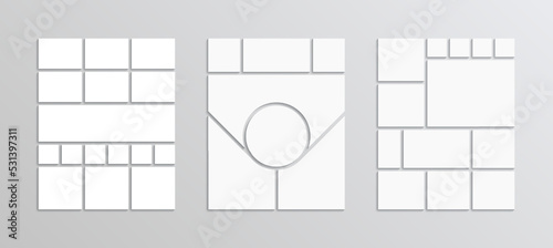 Moodboard templates set. Frame images grid. Collage layout collection. Photo mood board. Mosaic pictures. Album brandboards. Gallery banner. Organised portfolio. Vector illustration