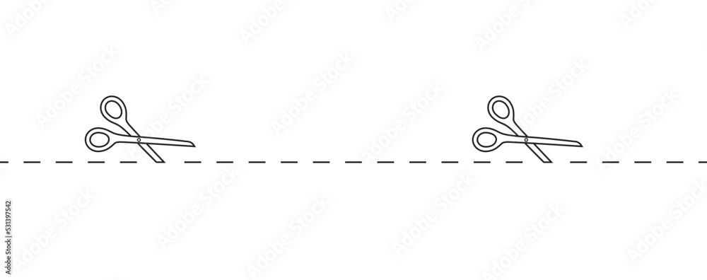 Seamless trim ribbon with scissor isolated. Black shear crop border on white coupon background. Dash marks on voucher. Scissor with dot cut line. Vector illustration. Seamless trim ribbon with scissor isolated. Black shear crop border on white coupon background. Dash marks on voucher. Scissor with dot cut line. Vector illustration.