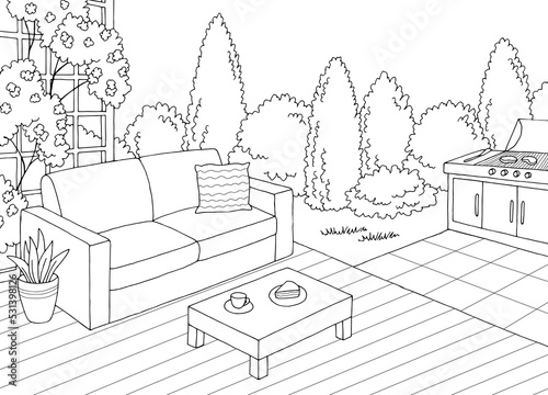 Backyard deck garden graphic black white sketch illustration vector 