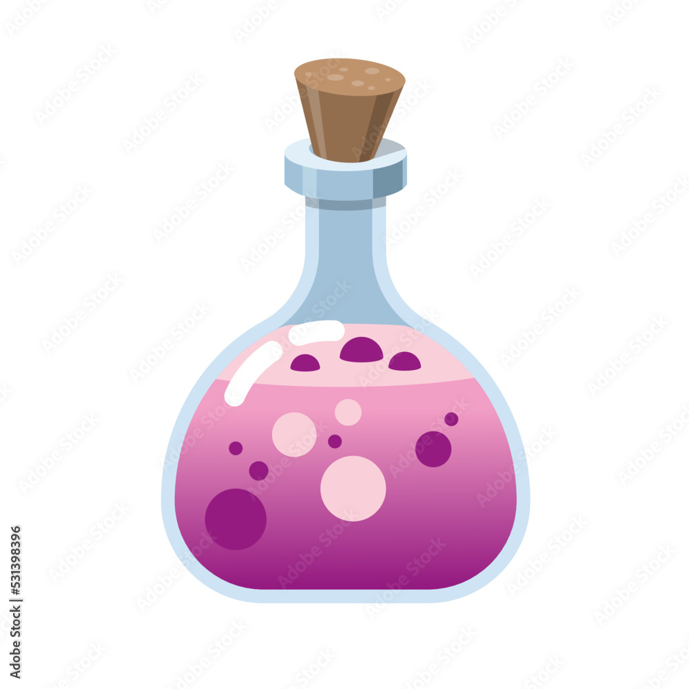 Magic glass bottle. Alchemy elixir in glass flask. Cork and purple potion, cartoon vector. Witchcraft pink potion of witch or poison Magic glass bottle. Alchemy elixir in glass flask. Cork and purple potion, cartoon vector. Witchcraft pink potion of witch or poison
