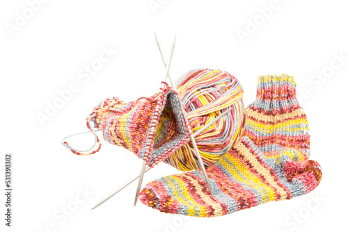 Obraz na płótnie Isolated handmade woolen socks with knitting equipment w salonie