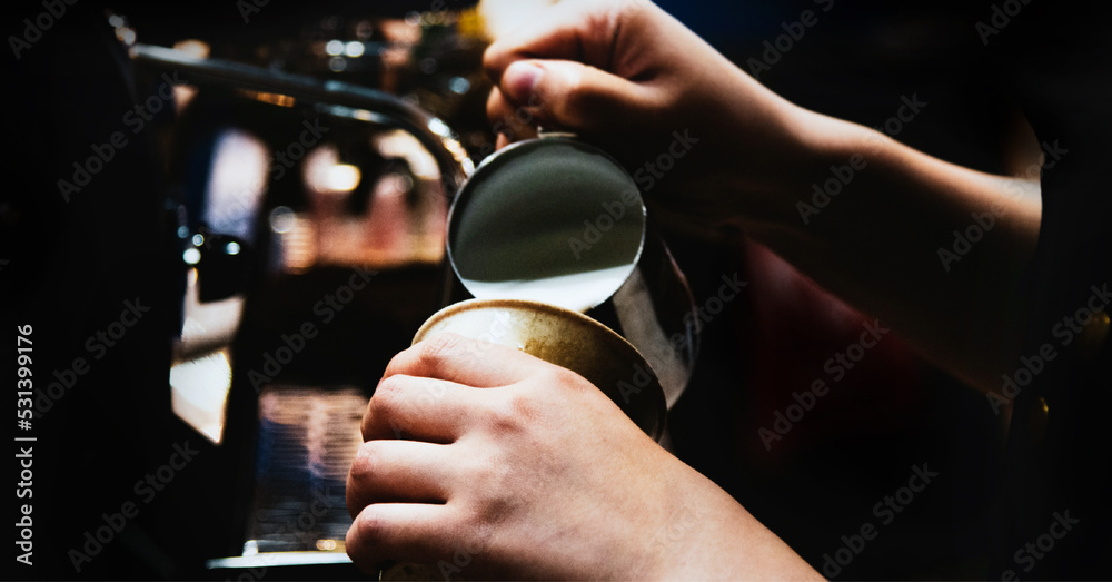 Coffee banner, barista making coffee in the cafe for background, Espresso coffee