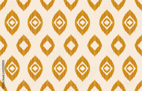 Abstract ethnic ikat geometric seamless pattern. Aztec native tribal fabric golden pattern on eggshell background. Vector design for texture, textile, clothing, wallpaper, carpet, print, illustration