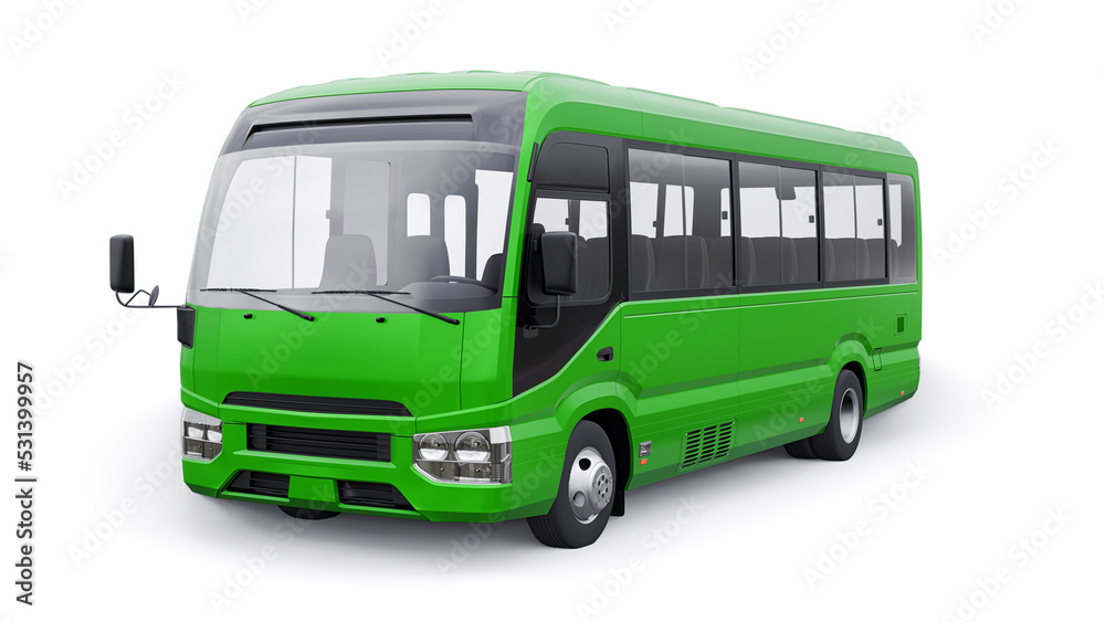 Small green bus for urban and suburban for travel. Car with empty body for design and advertising. 3d illustration Small green bus for urban and suburban for travel. Car with empty body for design and advertising. 3d illustration