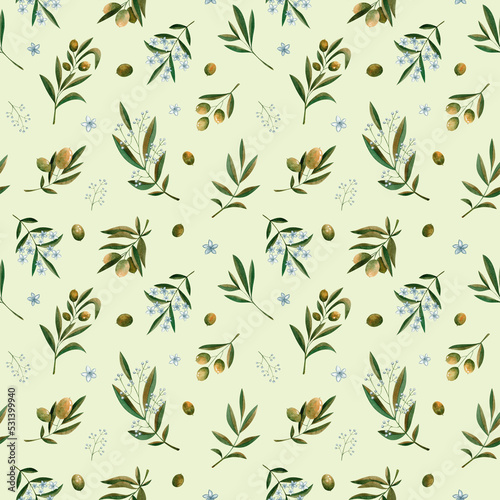 Green watercolor olive branch with flowers seamless pattern on green background. Floral botanical design