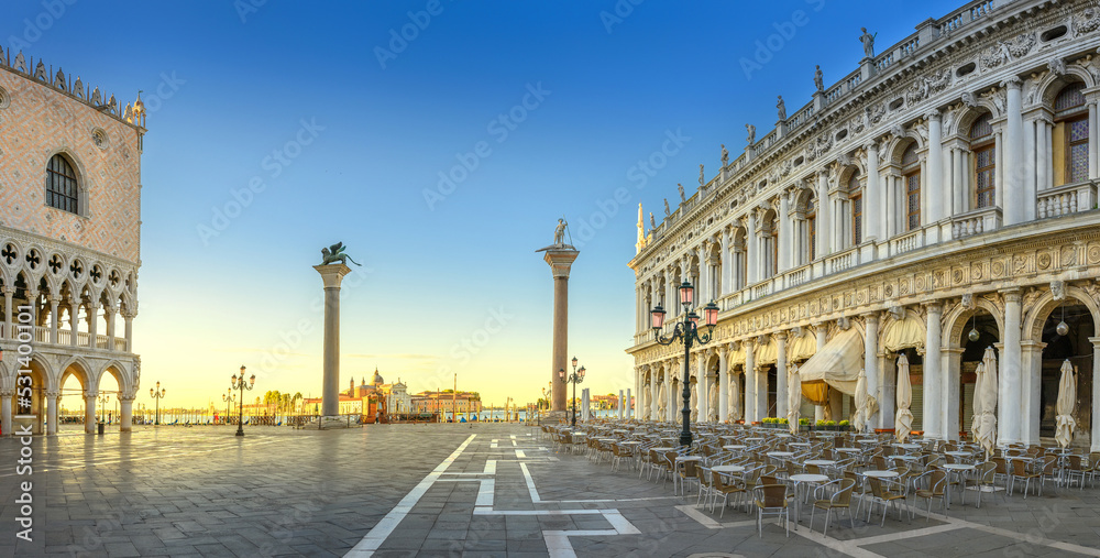 Panorama of amazing historical square of San Marco in the lagoon city of stone Venice, Italy. Architecture and landmark of Venice.