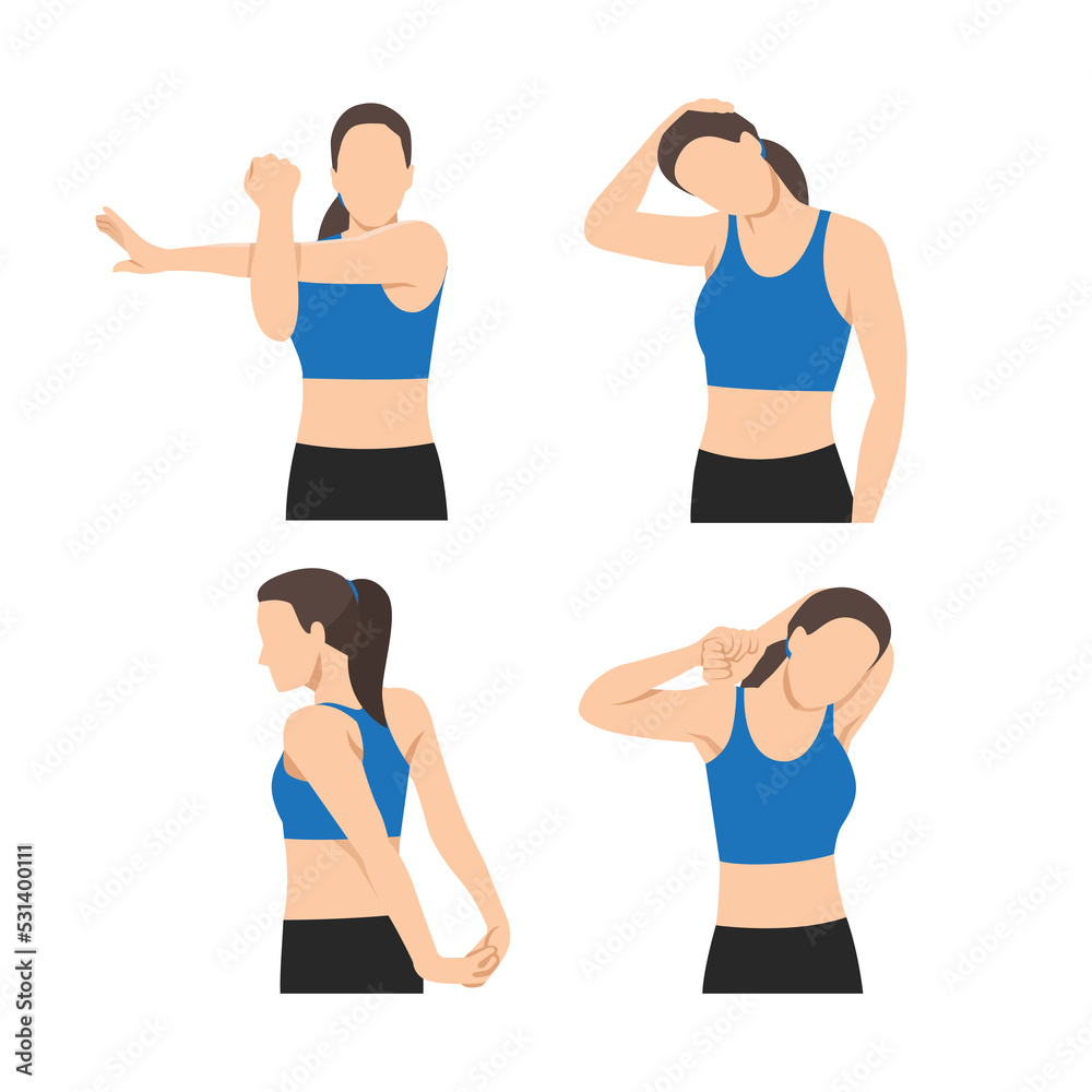 Woman stretching her neck, arms and shoulders. hand. Flat vector illustration isolated on white background Woman stretching her neck, arms and shoulders. hand. Flat vector illustration isolated on white background