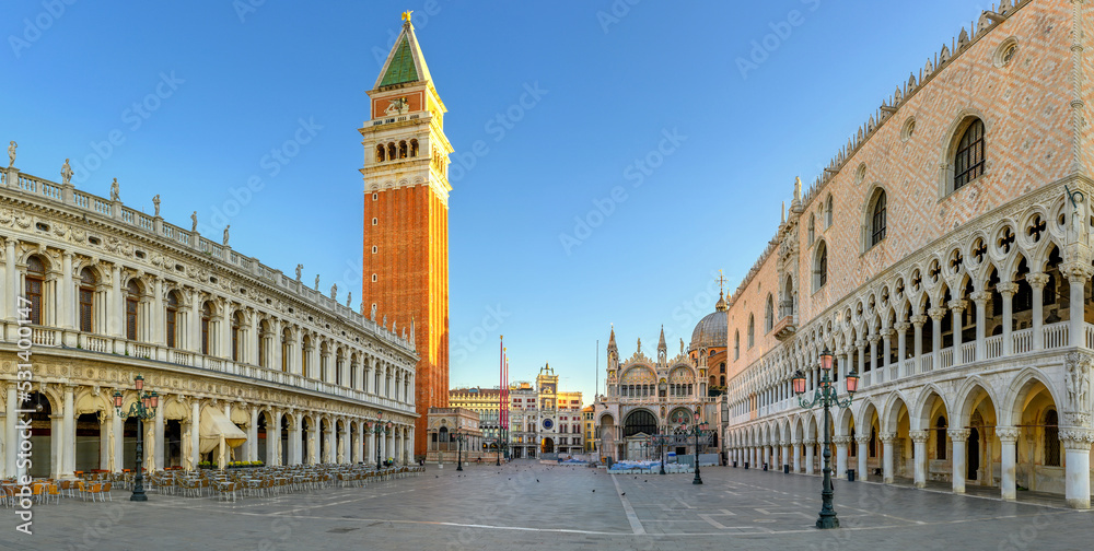 Panorama of Piazza San Marco and Campanile on sunrise, Venice, Italy