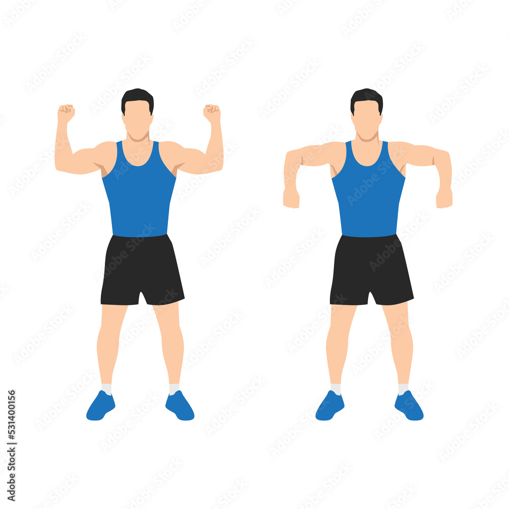Man doing scarecrow arms elbow shoulder rotations. Open scarecrow. Flat vector illustration isolated on white background Man doing scarecrow arms elbow shoulder rotations. Open scarecrow. Flat vector illustration isolated on white background