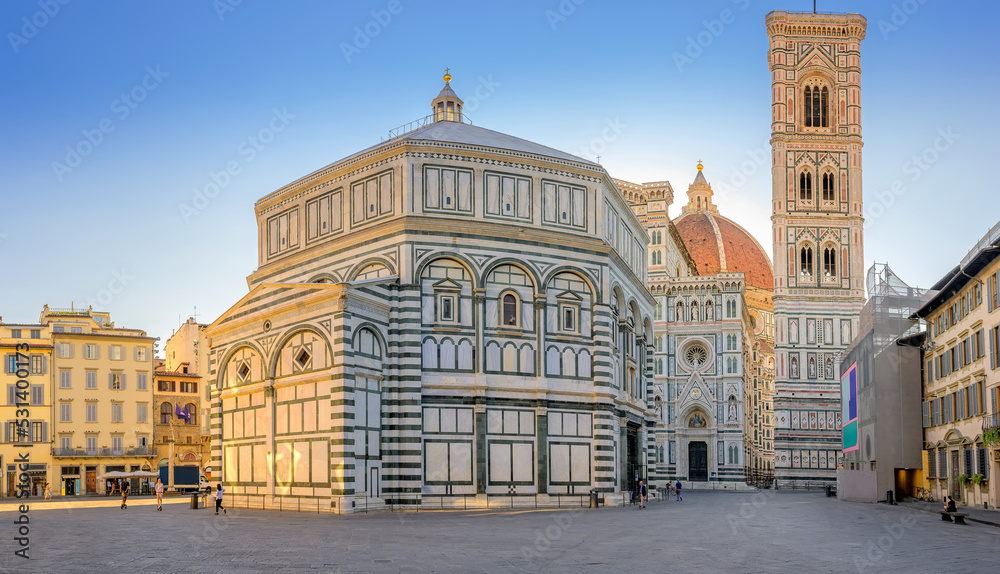 Sunrise panorama of Santa Maria del Fiore cathedral in Florence, Italy. Architecture and landmark of Florence. Travel background.