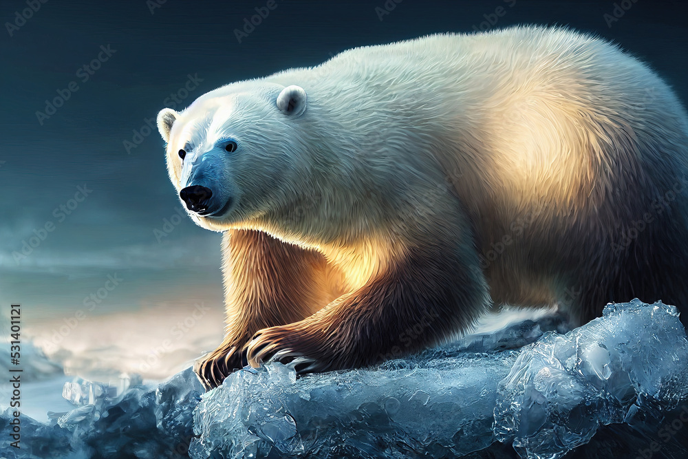Fototapeta premium Polar bear on snow in arctic forest. Ursus maritimus species. White bear on snow in nature habitat. Wildlife scene from Antarctica and animal behavior in forest. 3D illustration and digital painting.