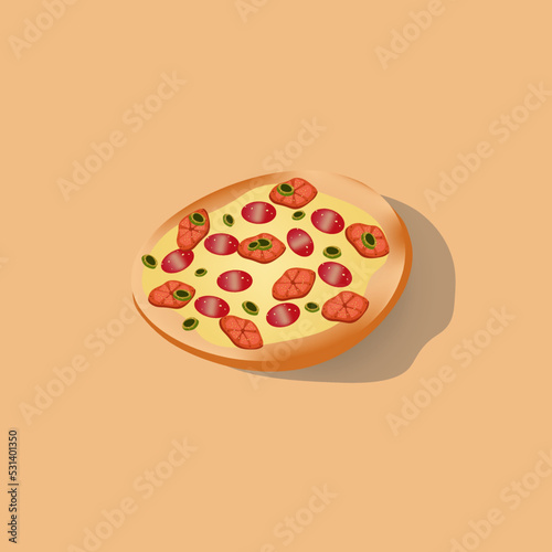 Italian pizza on beige  background with shadow with copy space. Pepperoni pizza with olives and tomato slice. Print for the pizzeria advertising banner. 