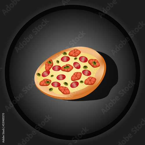 Italian pizza on black background with shadow in cut out paper style. Pepperoni pizza with olives and tomato slice. Print for the pizzeria advertising banner. 