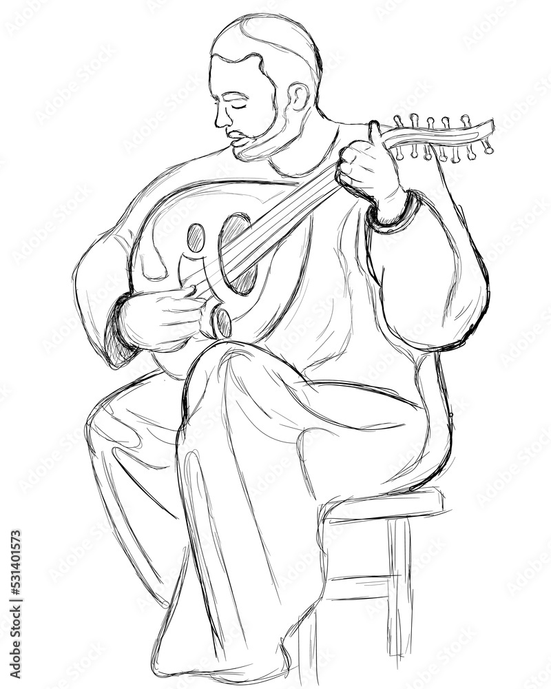 Sketch of Arabic oud player. Line art man playing the oud instrument. Hand drawn musician vector illustration
