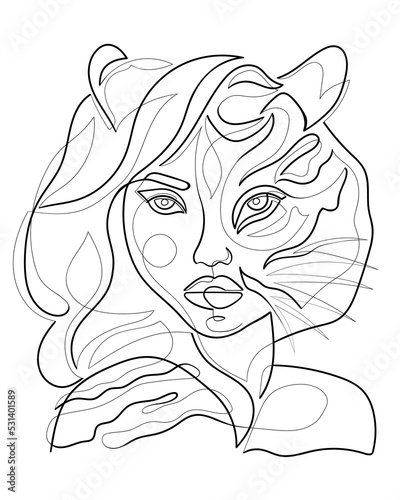 One line drawing woman tiger half face. Minimalist art, elegant continuous line female portrait. Vector illustration