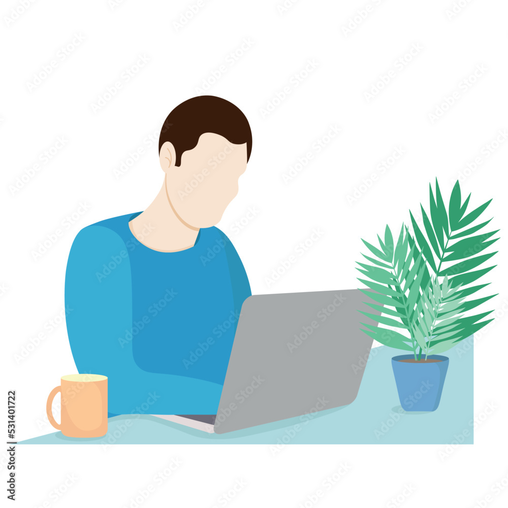 Portrait of a guy sitting at a table with a laptop, the guy works at home, flat vector isolated on white, home office, on the table a cup and a flower pot, faceless Portrait of a guy sitting at a table with a laptop, the guy works at home, flat vector isolated on white, home office, on the table a cup and a flower pot, faceless