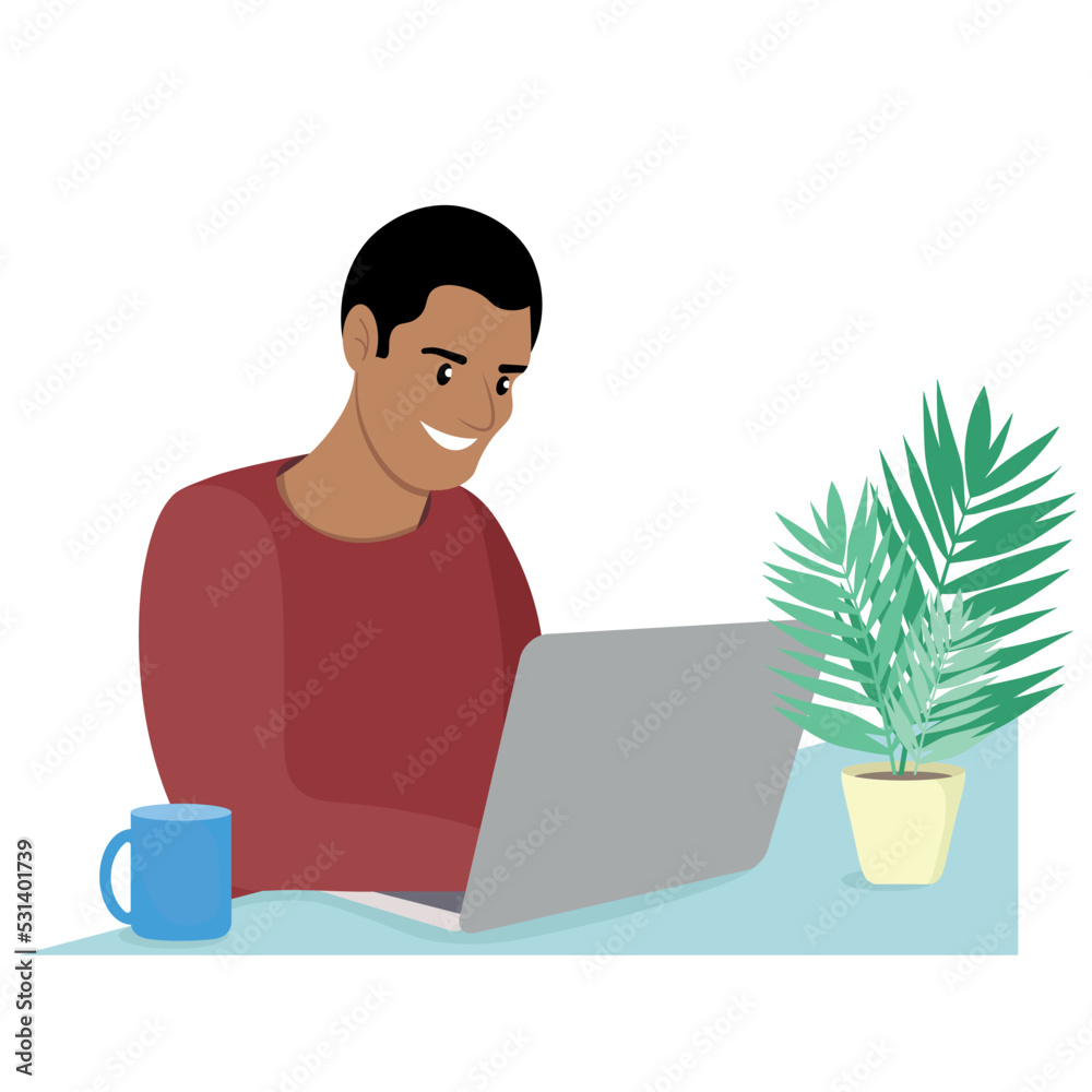 Portrait of a happy indian guy sitting at a table with a laptop, the guy works at home, flat vector, isolate on white, home office, on the table a cup and a flowerpot Portrait of a happy indian guy sitting at a table with a laptop, the guy works at home, flat vector, isolate on white, home office, on the table a cup and a flowerpot
