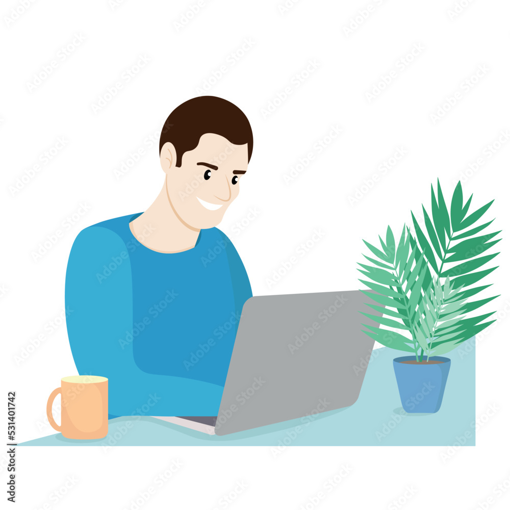 Portrait of a happy guy sitting at a table with a laptop, the guy works at home, flat vector, isolate on white, home office, on the table a cup and a flowerpot Portrait of a happy guy sitting at a table with a laptop, the guy works at home, flat vector, isolate on white, home office, on the table a cup and a flowerpot