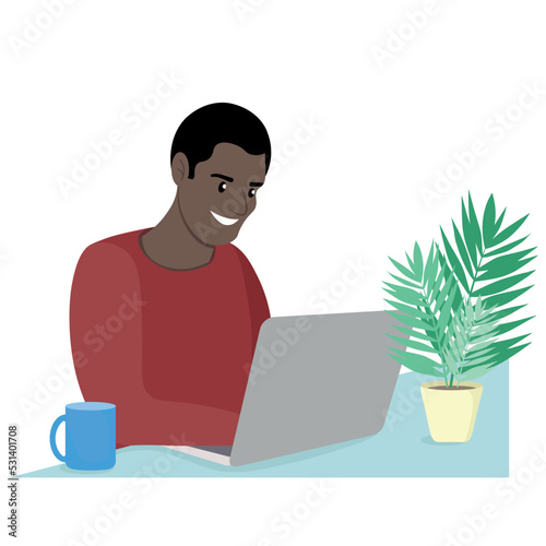 Portrait of a happy dark-skinned guy sitting at a table with a laptop, the guy works at home, flat vector, isolate on white, home office, on the table a cup and a flowerpot