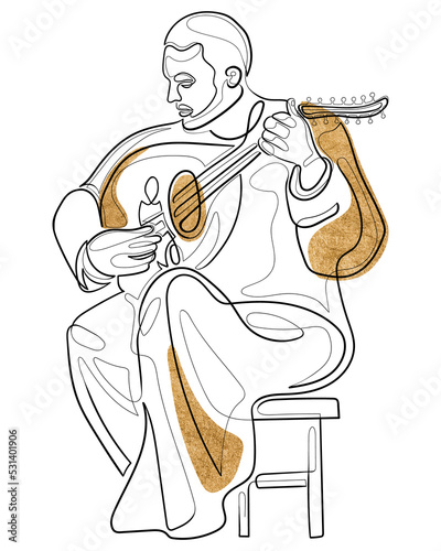 Arabic oud player. One line drawing man playing the oud instrument decorated with golden elements. Continuous line musician illustration