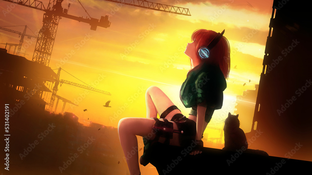 Fototapeta premium A cute young girl with red hair in shorts and a jacket is sitting on the roof of a building with a cat and looking up at the sky listening to music against of a bright sunset. 2d cartoon realistic art