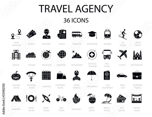 Set of 36 filled icons related to  travel agency providing as an booking, different tours, visa assistance, insurance, etc. 