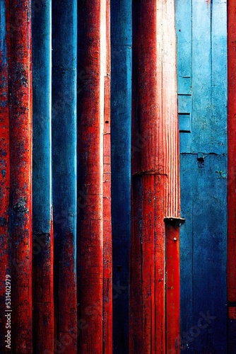 Red and blue Abstract aging enamel painted corrugated steel metal sheets - minimalistic patterns  rough grungy industrial rust texture. Modern digital art background.