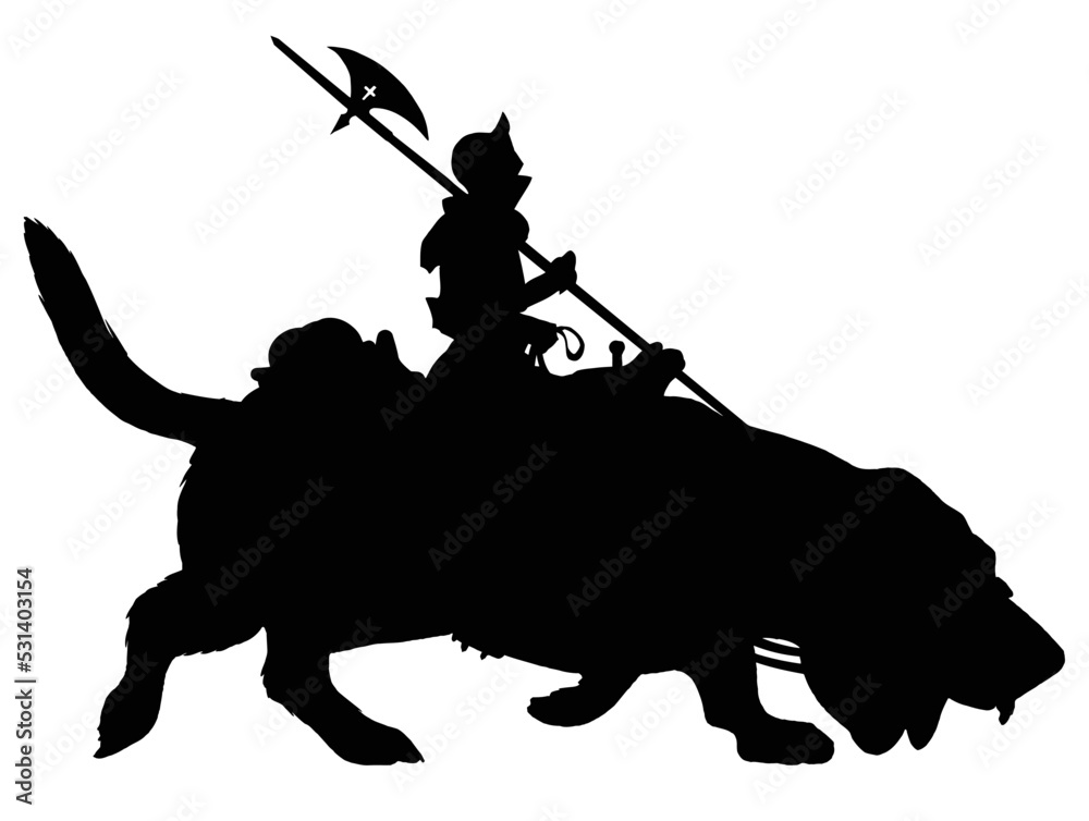 Φωτογραφία A black silhouette of a knight in plate armor riding a huge Basset Hound dog, he is a guard with a halberd making a patrol round