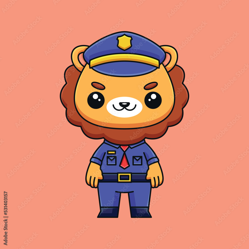 cute police lion cartoon doodle hand drawn concept vector kawaii icon illustration
