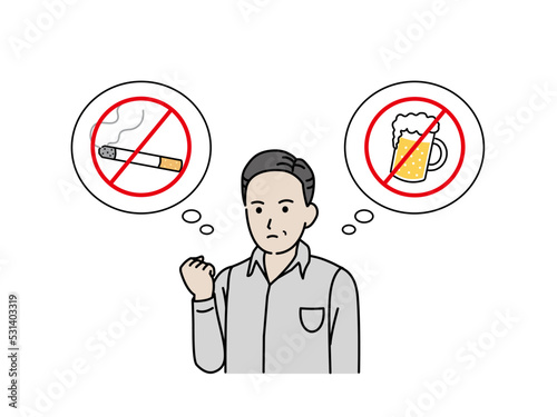 禁煙と禁酒を決意する中年の男性　お酒　タバコ　やめる　イラスト