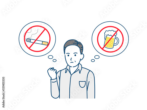 禁煙と禁酒を決意する中年の男性　お酒　タバコ　やめる　イラスト