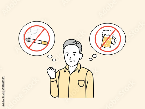 禁煙と禁酒を決意する中年の男性　お酒　タバコ　やめる　イラスト