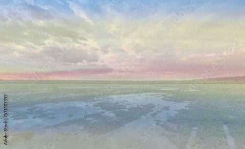 watercolor background. A large puddle in the middle of a plowed field. Swampy field, evening rural landscape. A strip of forest on the horizon. Sunset sky.