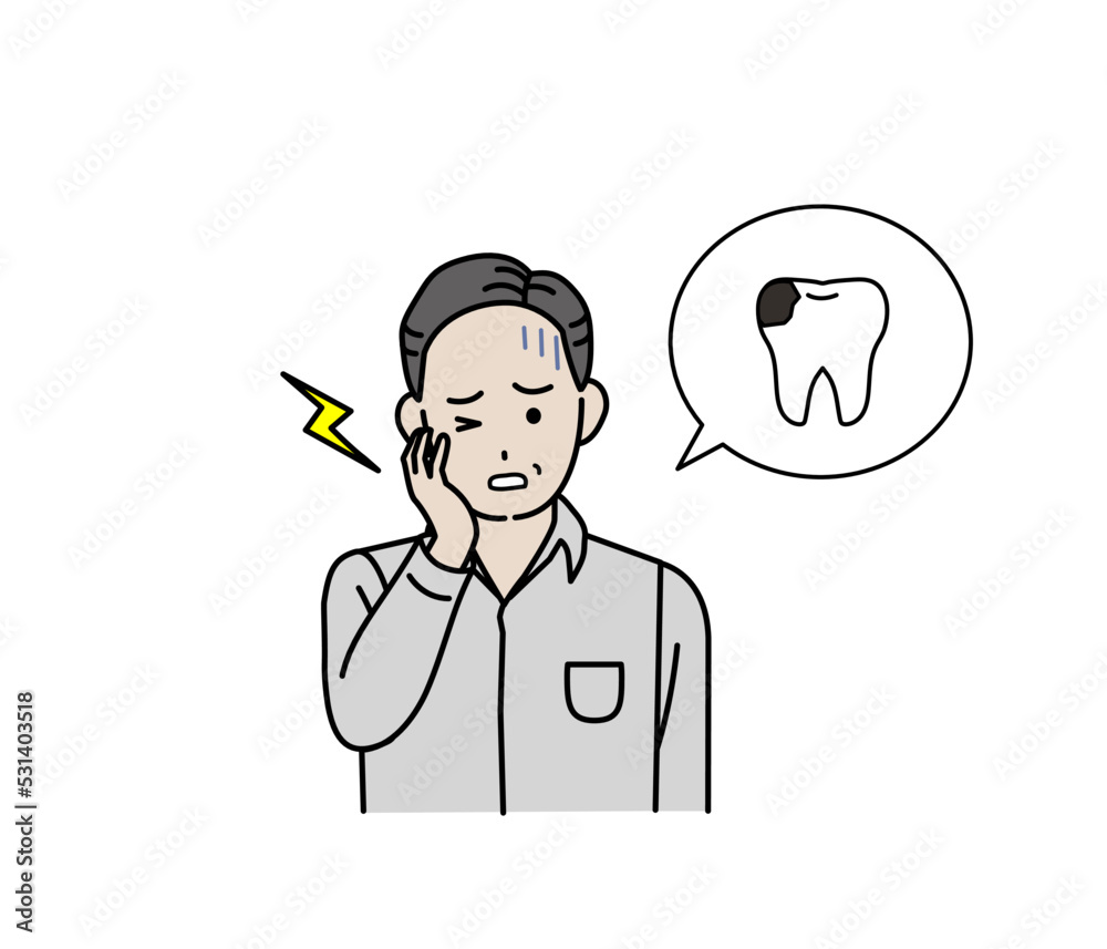 虫歯になる中年の男性　歯が痛い　歯周病　イラスト